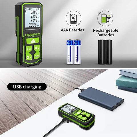Workhorse Laser Distance Meter with 328 ft Range, dual display, batteries shown, charging with USB cable on wooden surface