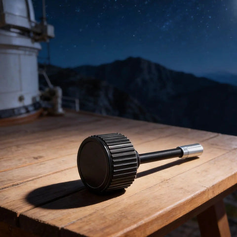 Astronomical Telescope Trimmer Lever Rod With Anti Slip Hand Wheel and Safety Lock Rugged Aluminum Alloy Build on wooden table