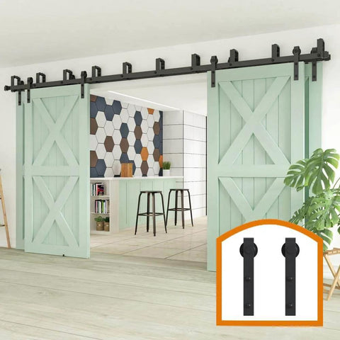 Bypass Sliding Barn Door Hardware Kit, 16 Ft Four Doors, Double Track System in a modern room, doors shown not included