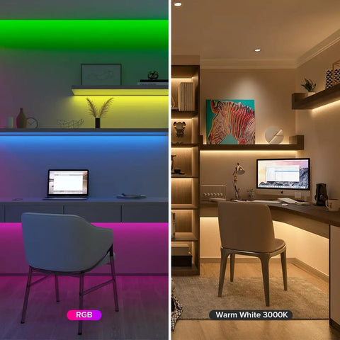 Dope RGBW COB LED Strip Light With 3000K Warm White 896 LEDs Per Meter High Density FCOB Tape 16.4 Ft DC24V 12mm Width Color Changing Light For Bedroom And Home DIY Decor No Adapter Or Controller Needed illuminating desks in RGB and warm white settings