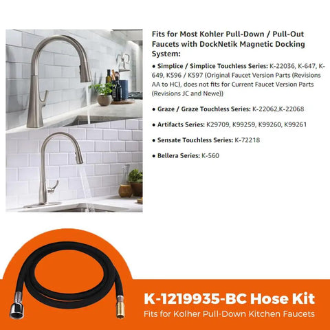 67-Inch Bright Chrome Hose Kit For Pull-Down And Pull-Out Kitchen Faucets Replacement Part shown with Kohler model compatibility