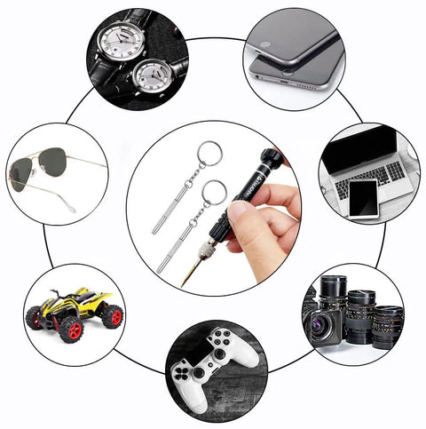 5 In 1 Eyeglass Repair Kit Screwdriver Set With S2 Steel Bits shown with glasses, electronics, watches, and tools.