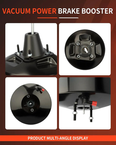 Close-up multi-angle view of Tough As Nails Power Brake Booster for Ford F150 F250, showcasing solid black exterior and installation detail.