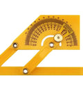 Top Shelf Dead On Accurate Plastic Protractor Angle Finder With Measuring Arm Ruler Tool Features 0 To 180 Degree Range in bold yellow.