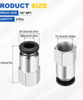 Two Pack Push To Connect Fittings For Pneumatic Systems Nickel Plated Brass Straight Female Adapter One Eighth NPT Thread Fits 0.24 Inch Outer Diameter Tubing 6 mm Air Line Quick Connect Black showing dimensions and size details
