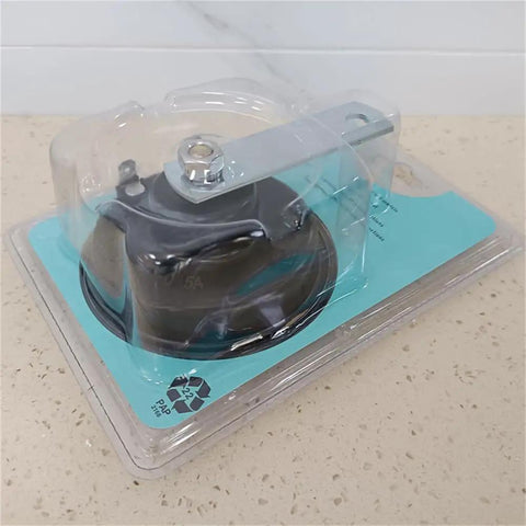 Heavy Duty 110Db 80V Electric Horn For Golf Carts, Pallet Trucks & Stacker Systems in packaging, showing black horn and metal mount.