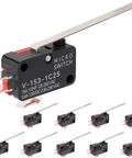 10 Pack Lead Limit Switch With Long Hinge Lever SPDT 1NO 1NC Snap Action Micro Switch V153 1C25, shown in a front angle view