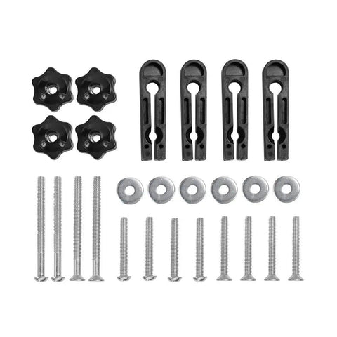 Feather Loc Board Set For Woodworking Table Saws And Engraving Machines components, including black knobs, washers, and screws.