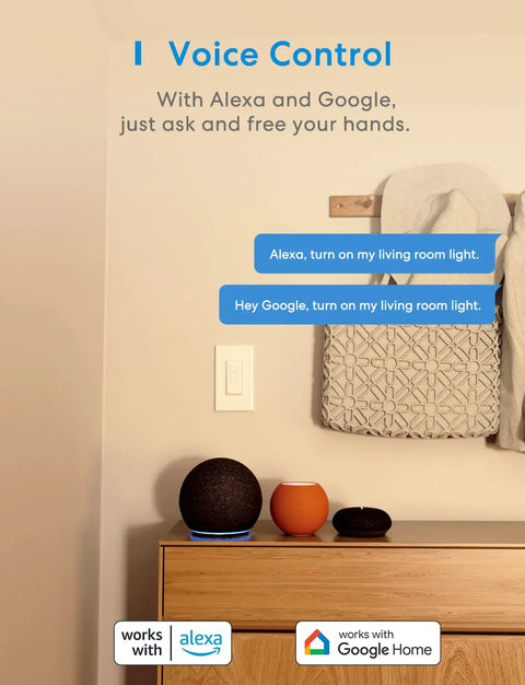 Voice control feature of Smart Dimmer Switch For Single Pole Dimmable LED Lights, WiFi enabled, no hub needed, works with Alexa and Google Assistant.