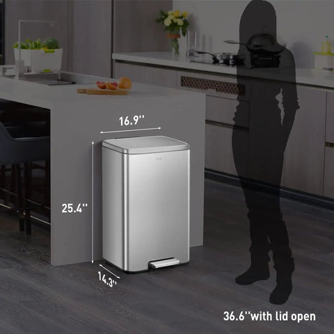 Matte Stainless Steel Step Trash Can With Hands Free Foot Pedal And Inner Liner 50 Liter 13.2 Gallon in kitchen setting