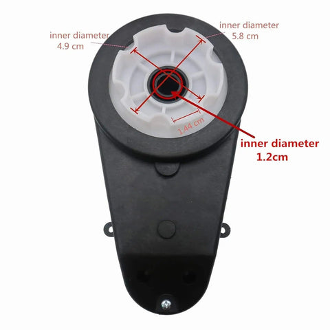 Front view of 24V 40000RPM RS555 Drive Motor Gearbox Replacement Kit With Drive Card For Kids Electric Ride On Cars Kid Friendly Jeep SUV And Other Vehicles 2 Pack Easy Install High Torque Plug And Play Gearbox Set, showing inner diameters.
