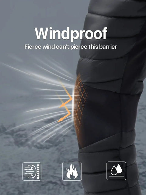 Windproof feature of Men's Warm Utility Puffy Quilted Insulated Windproof Winter Pants For Cold Weather Cozy Thermal Lined Outdoor Gear In Black Extra Small With Adjustable Leg Cuffs To Block Cold Air.