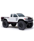White SCX24 Base Camp 4x4 Rock Crawler Ready To Run RC Truck Brushed with Spektrum Radio, shown on white background.