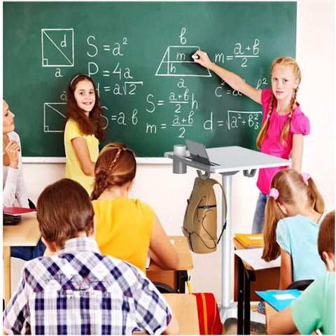 Game Changer Adjustable Lectern Podium Stand With Smooth Wheels For Quick Presentations, used in a classroom teaching setting.