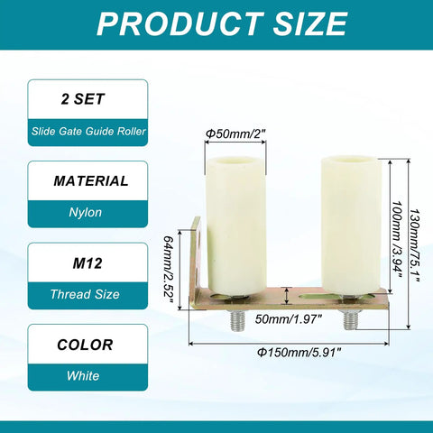 Product dimensions and details for Universal Adjustable Heavy Duty Sliding Gate Guide Roller Kit With L Bracket, White Finish.