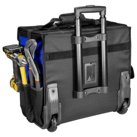 Back view of Big Rolling Tool Storage Bag Case With Wheels, showcasing heavy-duty telescoping handle, hand tools visible in pockets