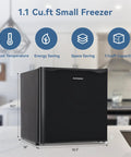 1.1 Cu Ft Upright Mini Freezer In Matte Black For Dorms And Small Bedrooms showing front view with measurements and features.