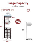 Free Standing Toilet Paper Holder Stand Dispenser With Top Shelf For Bathroom Storage Keeps One On The Roll And Three Spare Mega Rolls Bronze Finish next to a standard holder comparison