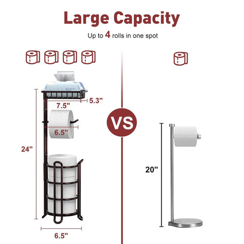 Free Standing Toilet Paper Holder Stand Dispenser With Top Shelf For Bathroom Storage Keeps One On The Roll And Three Spare Mega Rolls Bronze Finish next to a standard holder comparison