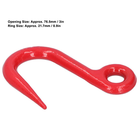 Heavy Duty Alloy Steel Eye Lifting Hook With Safe Grab Design, 1 Ton Capacity, Industrial Crane Hook For Factories, Ports, Construction And Equipment Shifting, Red, showing side view with measurements.