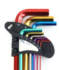 Premium Precision Metal Hex Key Kit With Extended Long Arm Handle For Tough Installations And Manufacturing Jobs That Let You Crush Any DIY Project Or Heavy Duty Work Fast Without The Frustration Of Stripping Screws Or Wasting Time. Colorful 9-piece metric hex keys on holder
