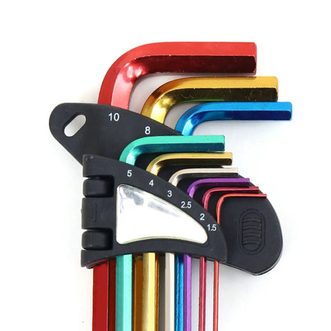 Premium Precision Metal Hex Key Kit With Extended Long Arm Handle For Tough Installations And Manufacturing Jobs That Let You Crush Any DIY Project Or Heavy Duty Work Fast Without The Frustration Of Stripping Screws Or Wasting Time. Colorful 9-piece metric hex keys on holder