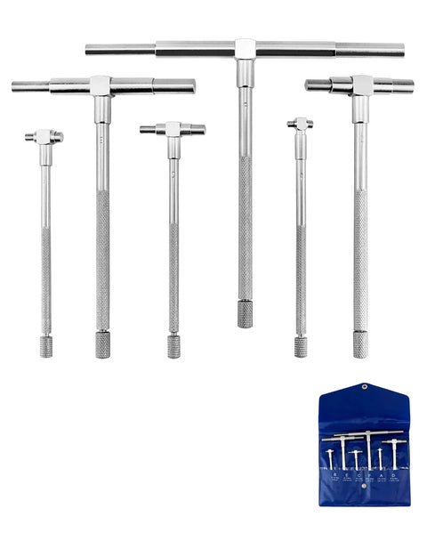 Six-piece stainless steel telescoping bore gauge set (5/16 in–6 in) with T-handle gauges and blue roll-up case