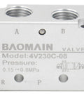 Close-up of Internally Piloted 4V230C 08 Pneumatic Solenoid Valve showing PT connections and operating pressure markings.