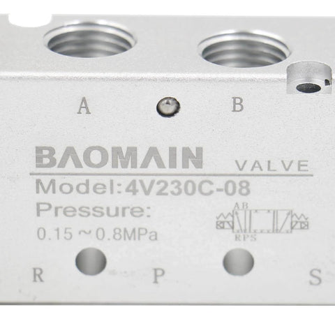 Close-up of Internally Piloted 4V230C 08 Pneumatic Solenoid Valve showing PT connections and operating pressure markings.