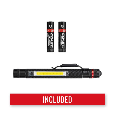 Pocket Sized Magnetic LED Penlight With Dual Power Alkaline Battery And COB Area Light, Inspection Beam shown with batteries
