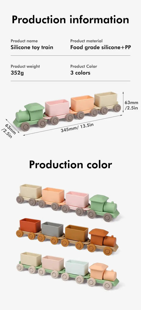 Game Changing BPA Free Silicone Toy Train For The Kiddos Push And Pull Stacking Blocks in three vibrant colors.