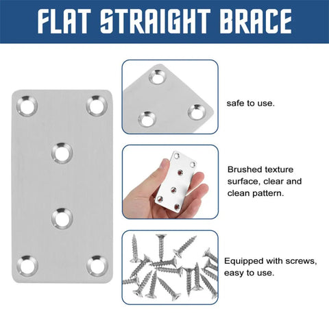 6 Pack Stainless Steel Straight Brackets For Wood Repair And Reinforcement, flat mending plates with screws shown