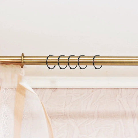 Heavy Duty Zinc Alloy Shower Curtain Rings Set, black hooks on gold rod, smooth glide O rings, easy mount for bathroom rods and curtain tracks.