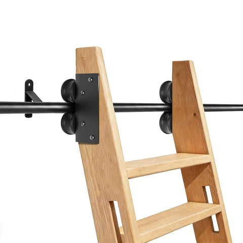 Heavy Duty Rolling Library Ladder Hardware Kit Crafted From Solid Carbon Steel Tracks With Smooth Braking Casters For No Sweat Home Storage Setup That Rolls Like Butter with wooden ladder on track.