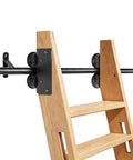Top Shelf Carbon Steel Sliding Library Ladder Track Kit 20FT Long For Wall Bookshelves With Slick Roller Glides And Easy Setup Wall Mount Hardware Rack System No Ladder Included showing wooden ladder with black rollers.