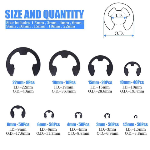 Heavy Duty Black Alloy Steel External E Clip Retaining Ring Washer Set 328 Piece Set Nine Sizes Built To Last With Heat Treated Tough Tensile Strength Includes 1.5mm 3mm 4mm And More For Automotive Machinery And DIY Projects diagram