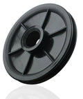 Heavy Duty Garage Door Idler Pulley Replacement For Chamberlain Liftmaster Square Rail Openers, 2 7/16 inch black pulley side view.