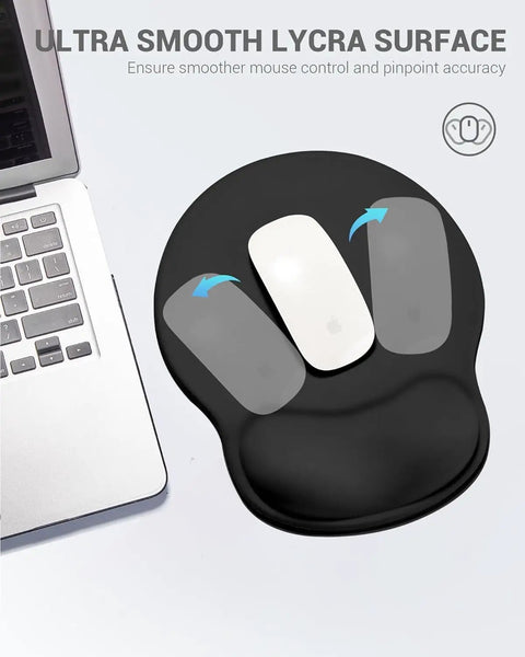 Ergonomic Gel Wrist Rest Mouse Pad With Non Slip Base, Large 10.6 By 9 Inch shown next to a laptop with smooth Lycra surface, black