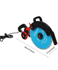 14 Inch Electric Concrete Saw and Wall Grooving Machine with Slick Rolling Base and Water System for Zero Dust 4000W 3000 RPM side view of cutter with blue diamond blade