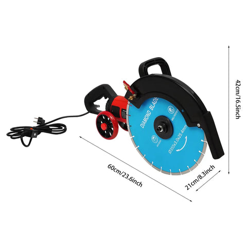 14 Inch Electric Concrete Saw and Wall Grooving Machine with Slick Rolling Base and Water System for Zero Dust 4000W 3000 RPM side view of cutter with blue diamond blade