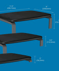 Adjustable Gray Ergonomic Monitor Stand With Three Height Settings Holds Up To Forty Pounds showing dimensions on blue background.