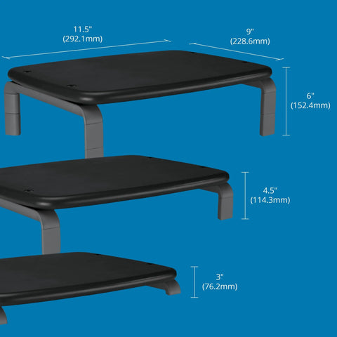 Adjustable Gray Ergonomic Monitor Stand With Three Height Settings Holds Up To Forty Pounds showing dimensions on blue background.