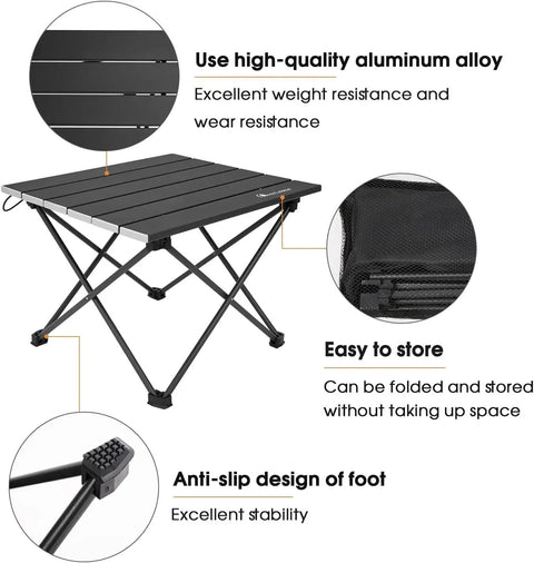 Ultralight Folding Camping Table With Carry Bag A Must Have For Outdoor Cooking And Picnics Portable Compact Setup, showing aluminum top and anti-slip legs