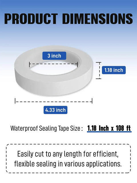 No Spill Leakproof Bottle Sealing Tape 1.18In By 108Ft Keeps Liquids In, displayed with product dimensions.
