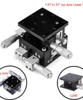Manual Precision Linear Stage 40x40mm With X Y Z Axis Travel 6.5mm XY and 10mm Z shown in aluminum with micrometers