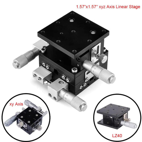 Manual Precision Linear Stage 40x40mm With X Y Z Axis Travel 6.5mm XY and 10mm Z shown in aluminum with micrometers