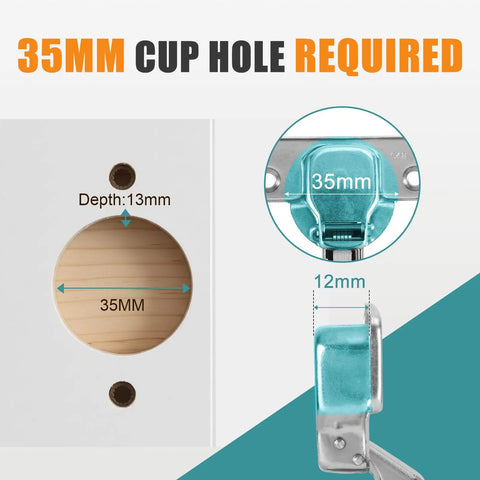 35MM cup hole requirements for Built Like A Tank Soft Close Hinges for Frameless Cabinets diagram with measurements.