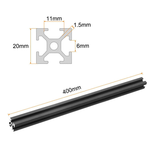Hella Durable T Slot 2020 Aluminum Extrusion Profile 400mm Length Anodized Black Surface 6063 Grade Alloy smooth linear rail showing dimensions.