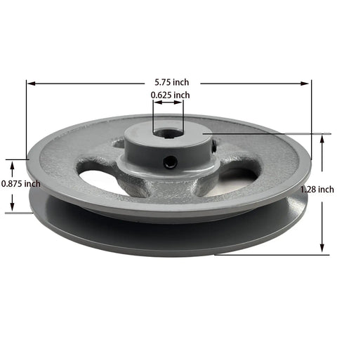 Heavy Duty Five Eighths Inch Bore Single Groove V Belt Pulley With Five Point Seven Five Inch Outer Diameter Cast Iron Motor Pulley For A AX B BX Four L Five L V Belts BK6058 Durable Cast Iron Construction Provides Long Lasting Durability side view with dimensions
