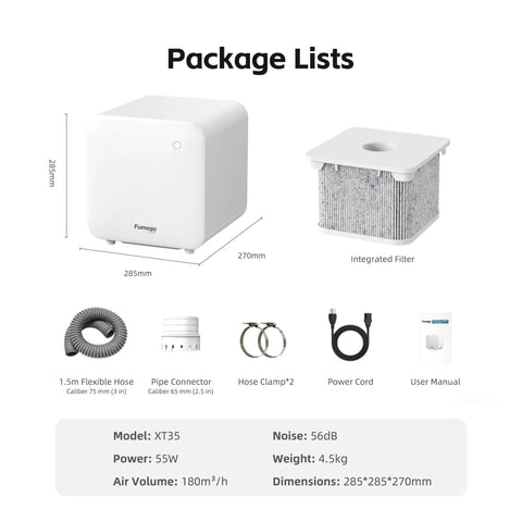 Package contents of Laser Fume Extractor For Under 10W Engravers Like F1 F2 Lumos LP2 LP4, Quiet 106 CFM Smoke Purifier With HEPA Filtration